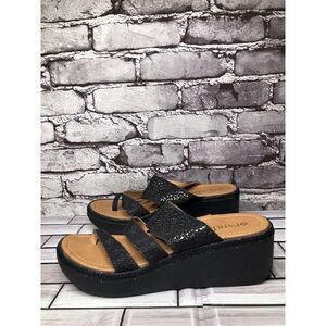 Patrizia Black Leather Floral Cut Shimmer Strap Wedge Sandals Women’s 26/9.5M US